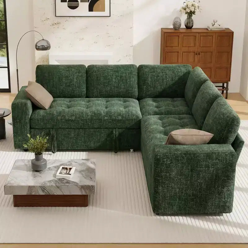 Divano a castello modulare Dyonery con letto estraibile, divano componibile a 5 posti a L, schienale regolabile/seduta contenitore, montaggio senza attrezzi