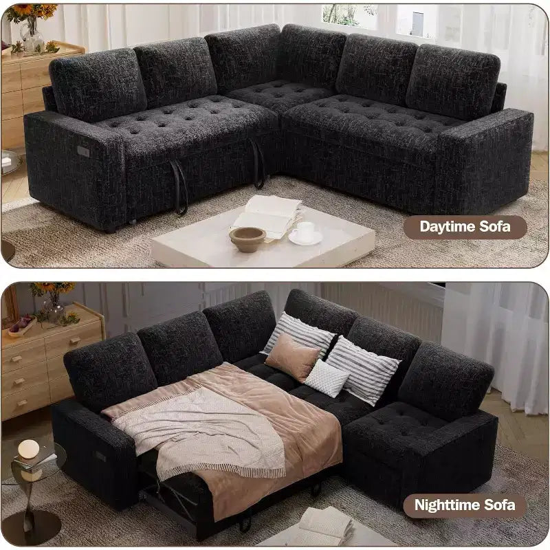 Divano a castello modulare Dyonery con letto estraibile, divano componibile a 5 posti a L, schienale regolabile/seduta contenitore, montaggio senza attrezzi