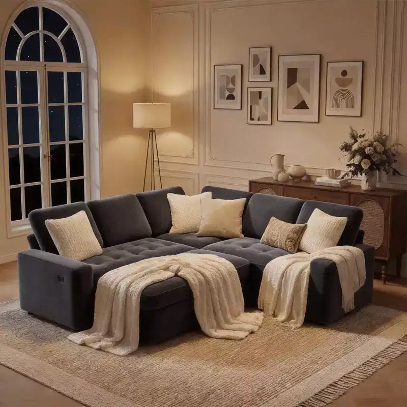Divano a castello modulare Dyonery con letto estraibile, divano componibile a 5 posti a L, schienale regolabile/seduta contenitore, montaggio senza attrezzi