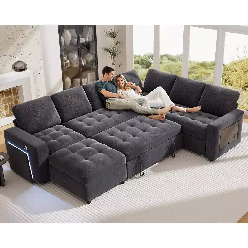 Dyonery divano a U a 7 posti, Divano letto modulare, con letto estraibile, schienale reclinabile, mobile contenitore, montaggio senza attrezzi, velluto neve