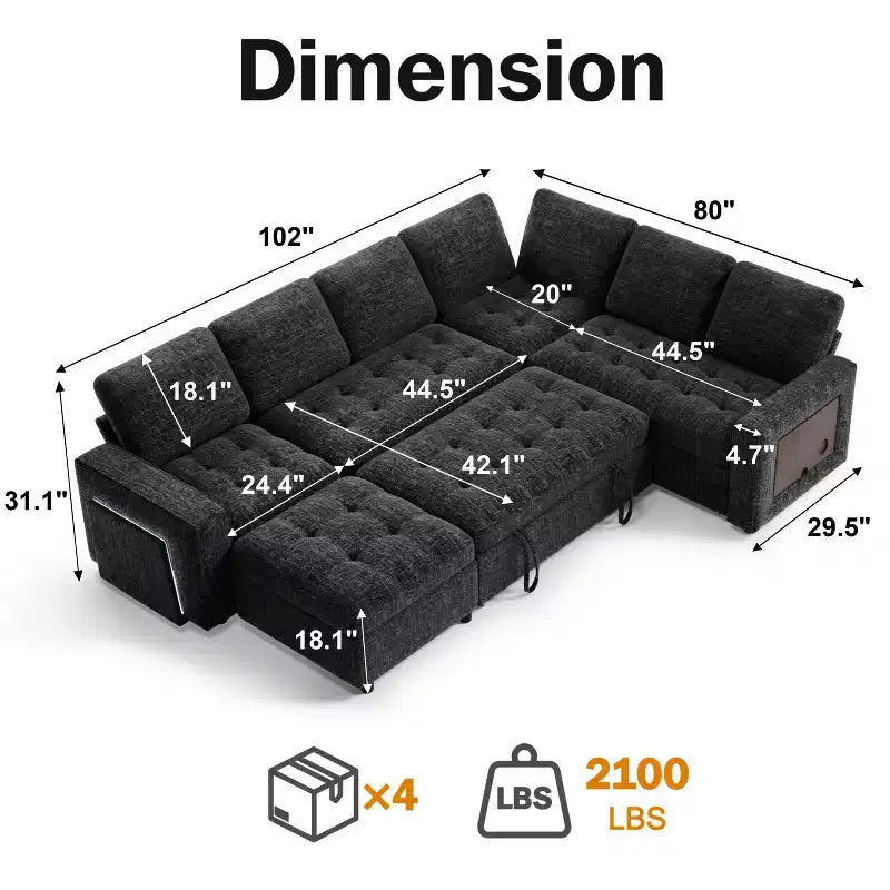 Dyonery divano a U a 7 posti, Divano letto modulare, con letto estraibile, schienale reclinabile, mobile contenitore, montaggio senza attrezzi, velluto neve