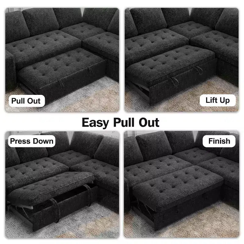 Dyonery divano a U a 7 posti, Divano letto modulare, con letto estraibile, schienale reclinabile, mobile contenitore, montaggio senza attrezzi, velluto neve