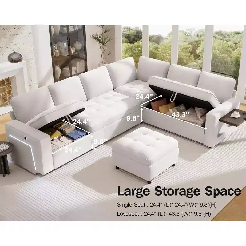 Dyonery divano a U a 7 posti, Divano letto modulare, con letto estraibile, schienale reclinabile, mobile contenitore, montaggio senza attrezzi, velluto neve