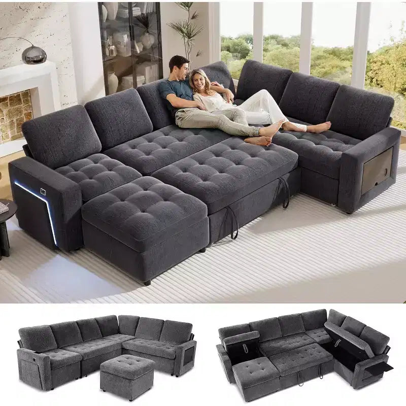 Dyonery divano a U a 7 posti, Divano letto modulare, con letto estraibile, schienale reclinabile, mobile contenitore, montaggio senza attrezzi, velluto neve