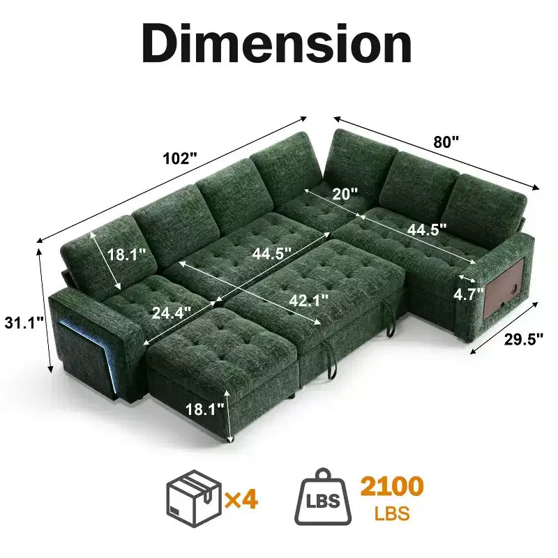 Dyonery divano a U a 7 posti, Divano letto modulare, con letto estraibile, schienale reclinabile, mobile contenitore, montaggio senza attrezzi, velluto neve