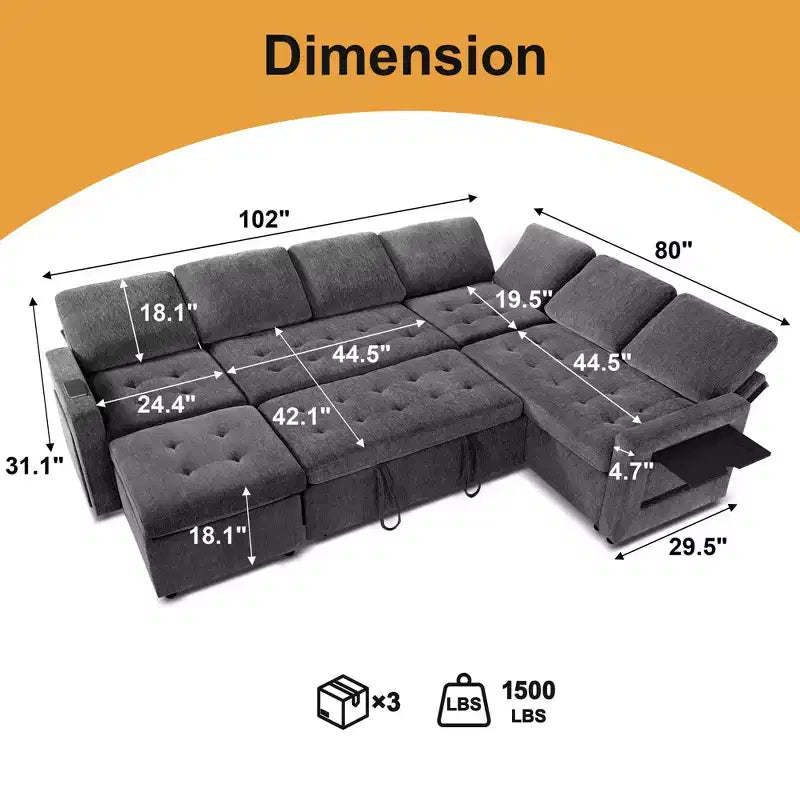 Dyonery divano a U a 7 posti, Divano letto modulare, con letto estraibile, schienale reclinabile, mobile contenitore, montaggio senza attrezzi, velluto neve