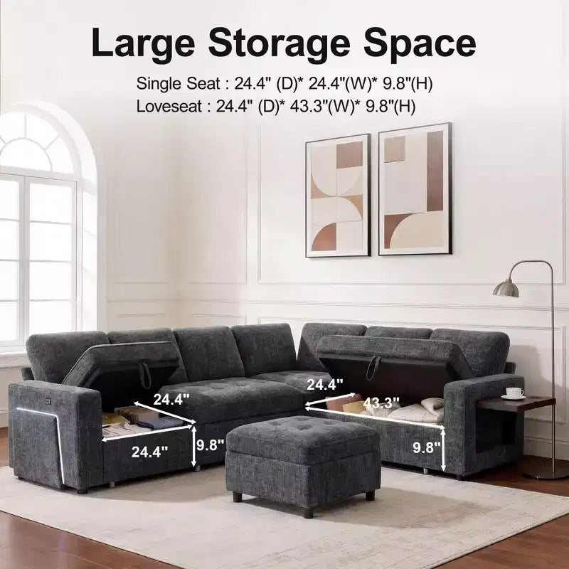 Dyonery divano a U a 7 posti, Divano letto modulare, con letto estraibile, schienale reclinabile, mobile contenitore, montaggio senza attrezzi, velluto neve