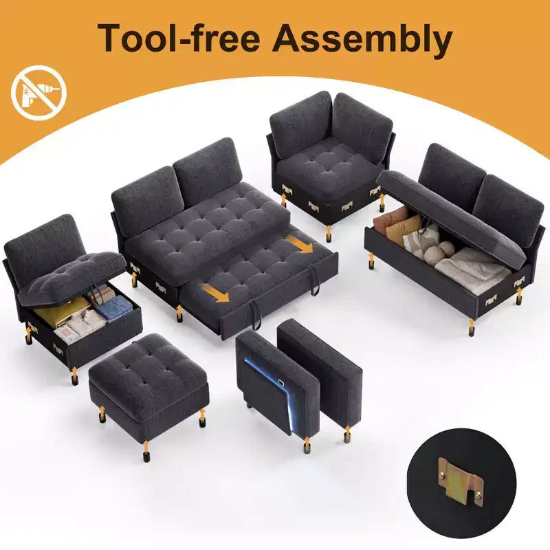 Dyonery divano a U a 7 posti, Divano letto modulare, con letto estraibile, schienale reclinabile, mobile contenitore, montaggio senza attrezzi, velluto neve