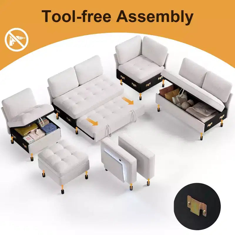 Dyonery divano a U a 7 posti, Divano letto modulare, con letto estraibile, schienale reclinabile, mobile contenitore, montaggio senza attrezzi, velluto neve