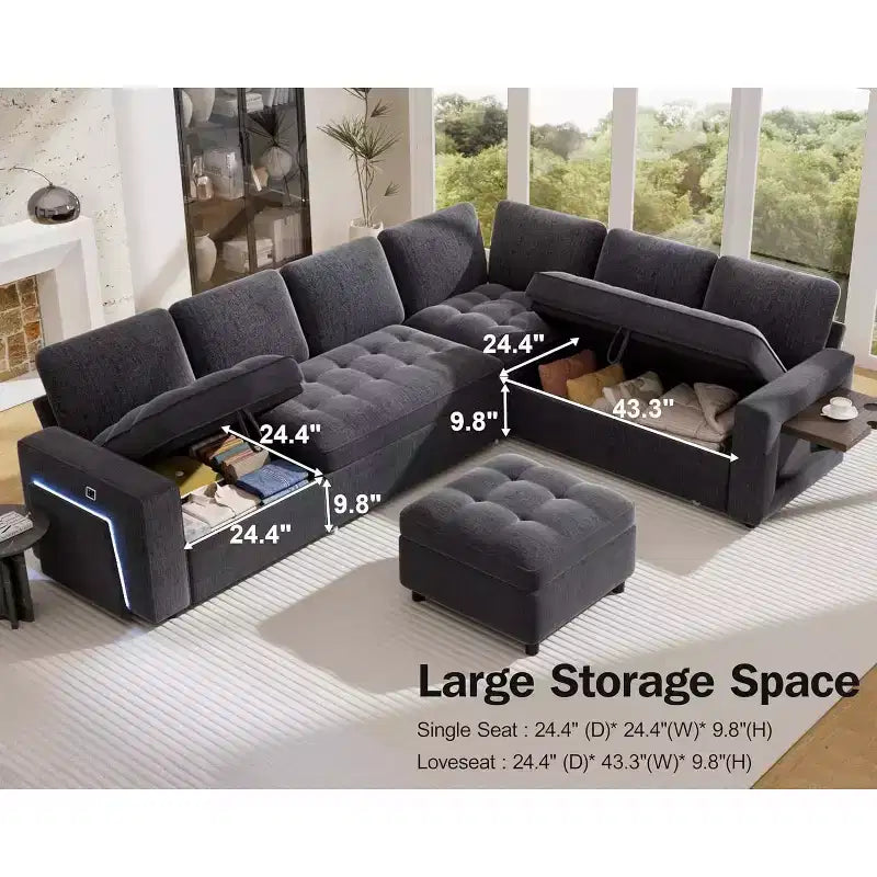 Dyonery divano a U a 7 posti, Divano letto modulare, con letto estraibile, schienale reclinabile, mobile contenitore, montaggio senza attrezzi, velluto neve