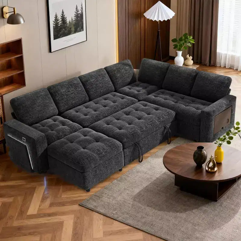 Dyonery divano a U a 7 posti, Divano letto modulare, con letto estraibile, schienale reclinabile, mobile contenitore, montaggio senza attrezzi, velluto neve