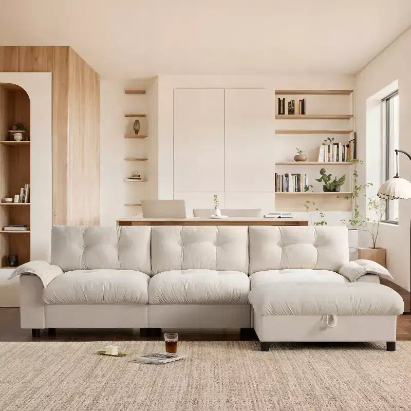 Divano Sezionale Moderno Divano a L Divano Imbottito Cloud con Porte di Ricarica e Portabicchieri e Tasche Laterali e Pouf Contenitore Mobile -ModernLuxe