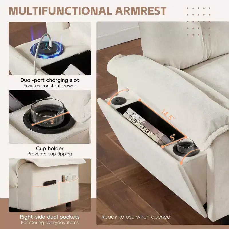 Divano Sezionale Moderno Divano a L Divano Imbottito Cloud con Porte di Ricarica e Portabicchieri e Tasche Laterali e Pouf Contenitore Mobile -ModernLuxe