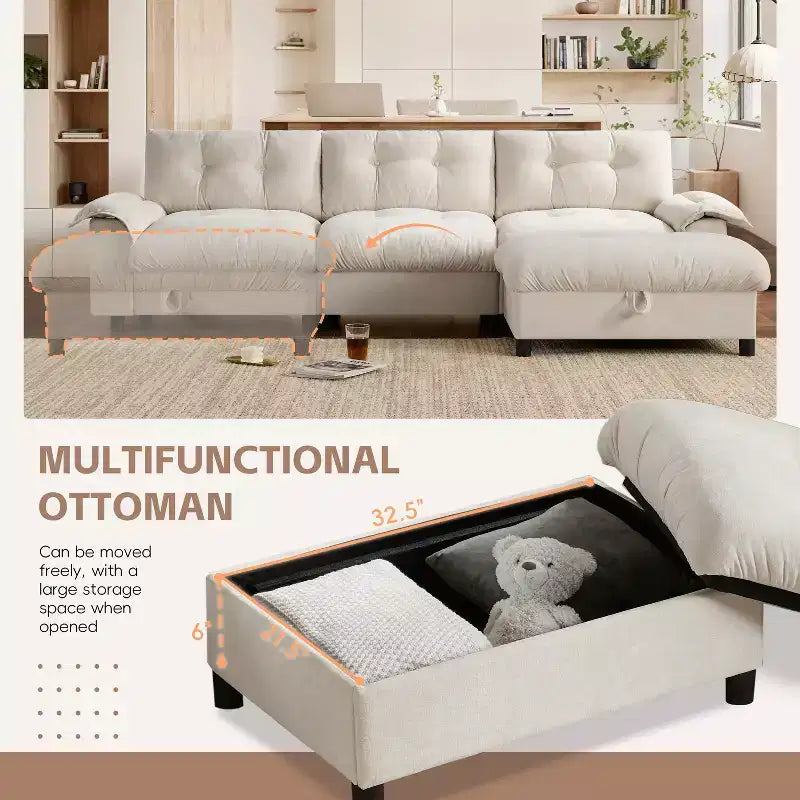 Divano Sezionale Moderno Divano a L Divano Imbottito Cloud con Porte di Ricarica e Portabicchieri e Tasche Laterali e Pouf Contenitore Mobile -ModernLuxe