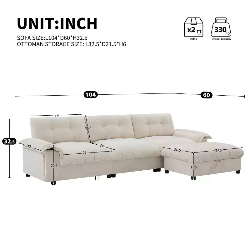 Divano Sezionale Moderno Divano a L Divano Imbottito Cloud con Porte di Ricarica e Portabicchieri e Tasche Laterali e Pouf Contenitore Mobile -ModernLuxe