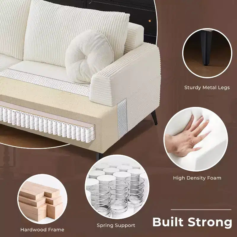 ATJafurn Divano sezionale in velluto a coste bianco, divano letto moderno modulare imbottito oversize con comodi cuscini e seduta profonda per il soggiorno