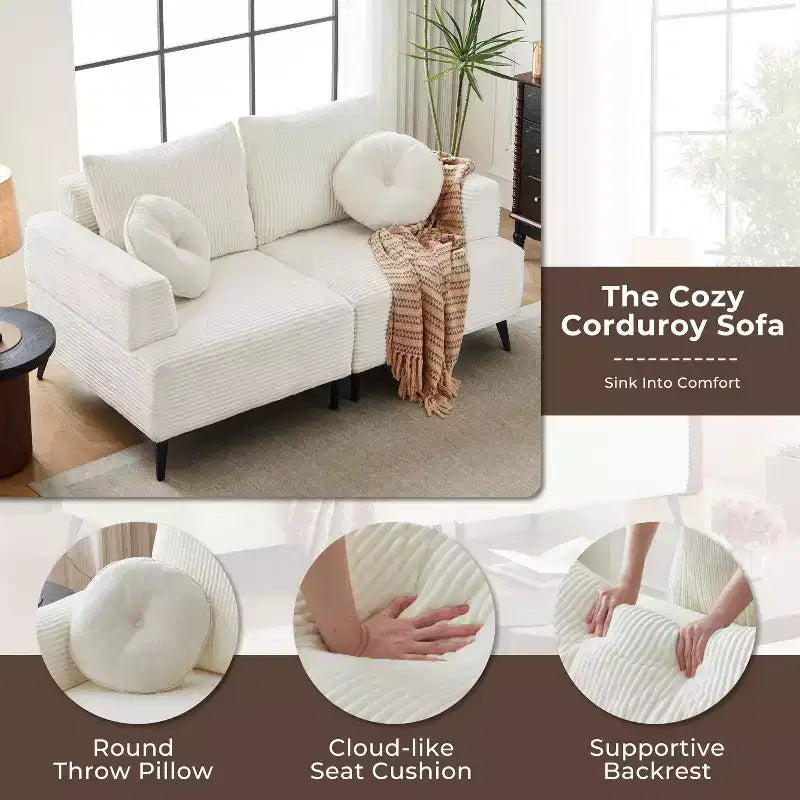 ATJafurn Divano sezionale in velluto a coste bianco, divano letto moderno modulare imbottito oversize con comodi cuscini e seduta profonda per il soggiorno
