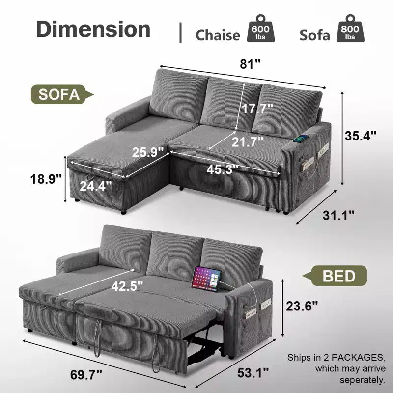 Dyonery Divano a L Componibile Letto con Schienale Reclinabile, Divano Letto a Scomparsa 81, Divano Reversibile con Contenitore, Montaggio Senza Attrezzi