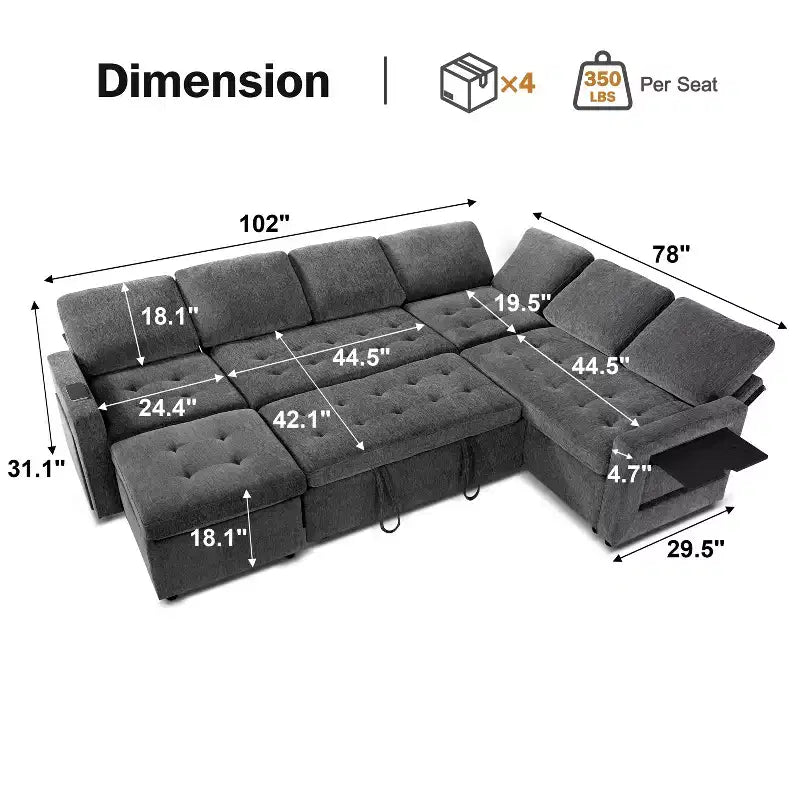 Dyonery Divano letto modulare sezionale a 7 posti con letto estraibile/schienale reclinabile/porte USB/seduta con contenitore, divano a L, montaggio senza attrezzi