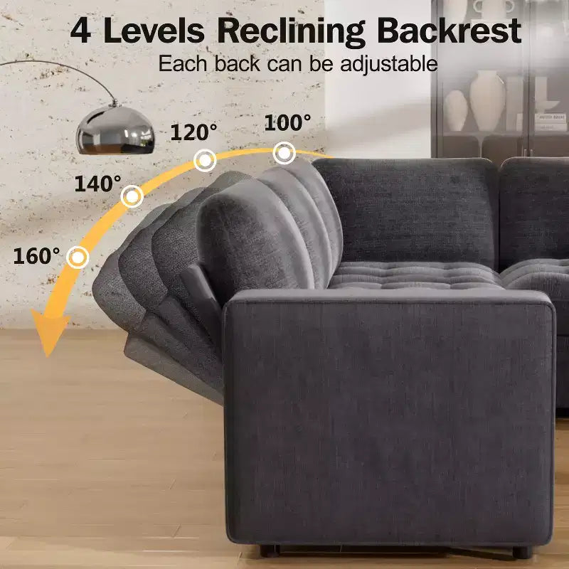 Dyonery Divano letto modulare sezionale a 7 posti con letto estraibile/schienale reclinabile/porte USB/seduta con contenitore, divano a L, montaggio senza attrezzi