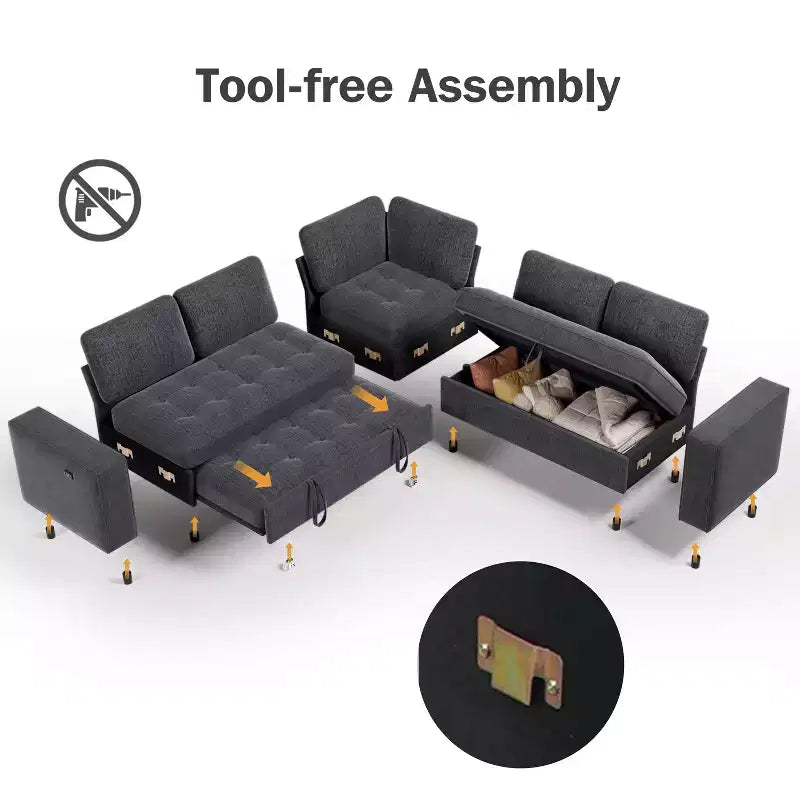 Dyonery Divano letto modulare sezionale a 7 posti con letto estraibile/schienale reclinabile/porte USB/seduta con contenitore, divano a L, montaggio senza attrezzi