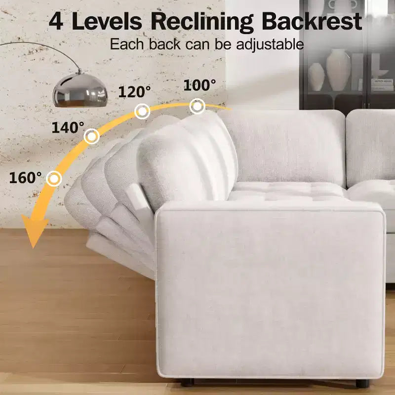 Dyonery Divano letto modulare sezionale a 7 posti con letto estraibile/schienale reclinabile/porte USB/seduta con contenitore, divano a L, montaggio senza attrezzi