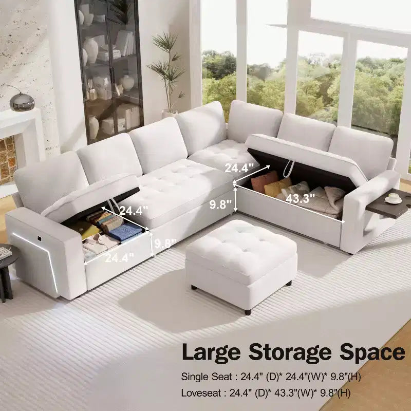 Dyonery Divano letto modulare sezionale a 7 posti con letto estraibile/schienale reclinabile/porte USB/seduta con contenitore, divano a L, montaggio senza attrezzi