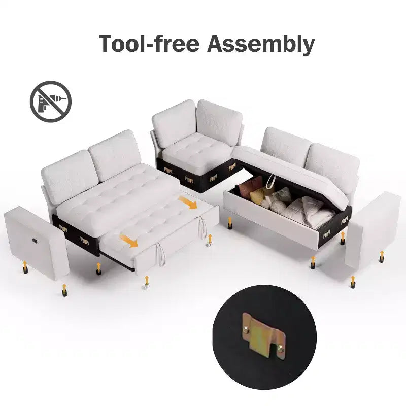 Dyonery Divano letto modulare sezionale a 7 posti con letto estraibile/schienale reclinabile/porte USB/seduta con contenitore, divano a L, montaggio senza attrezzi