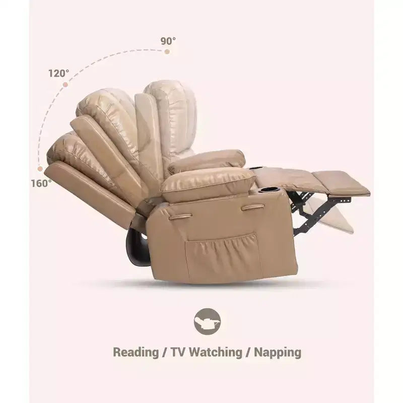 Grande Poltrona Reclinabile Manuale in Similpelle con Portabicchieri, Reclinazione a 150°, Capacità 180 kg