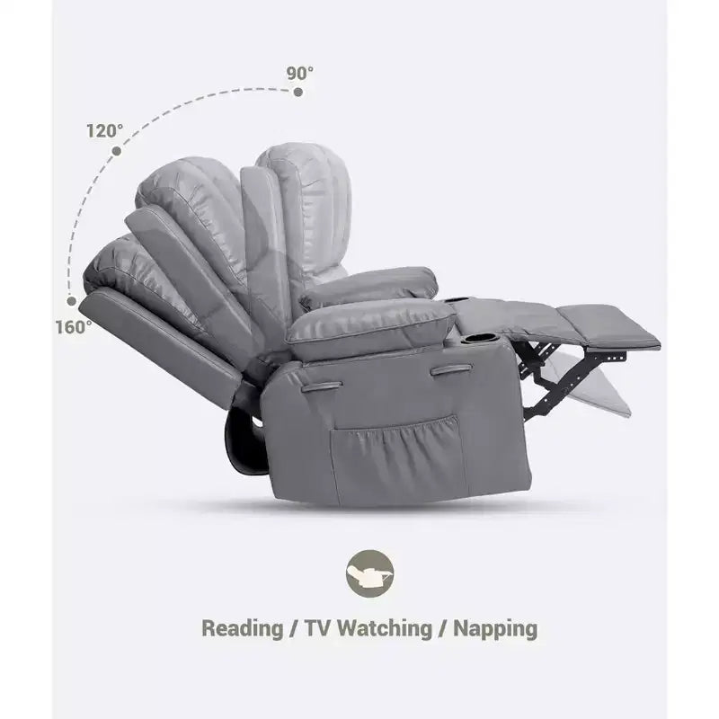 Grande Poltrona Reclinabile Manuale in Similpelle con Portabicchieri, Reclinazione a 150°, Capacità 180 kg
