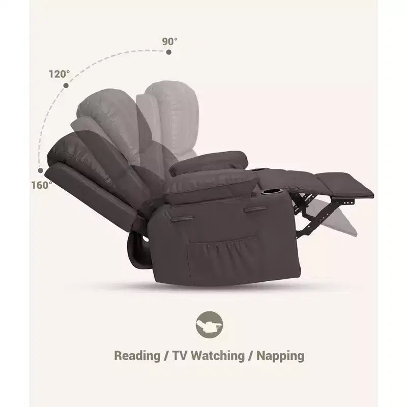 Grande Poltrona Reclinabile Manuale in Similpelle con Portabicchieri, Reclinazione a 150°, Capacità 180 kg