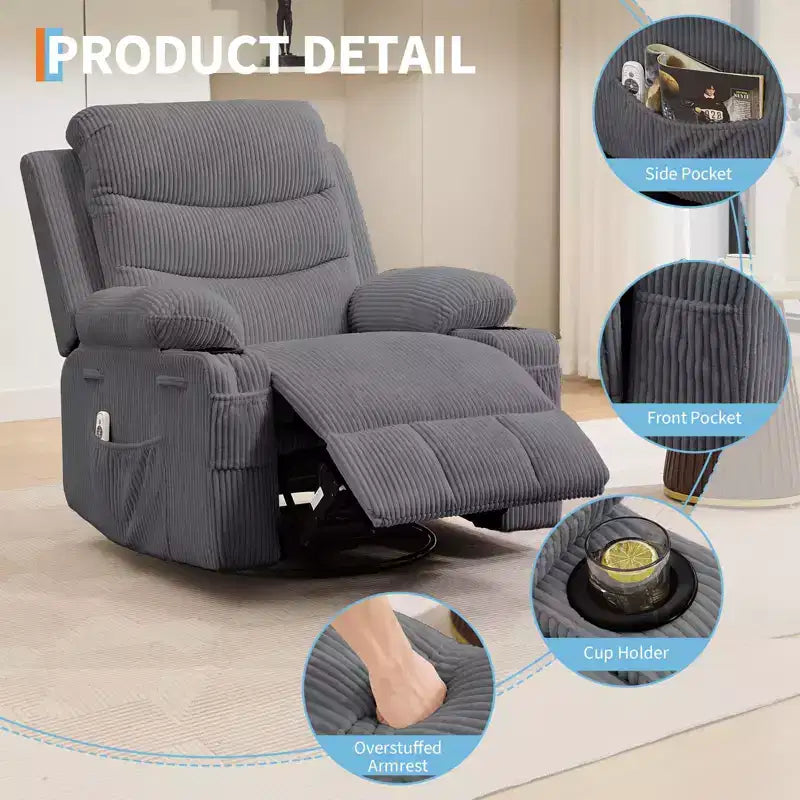 Poltrona reclinabile in pelle per camera da letto, poltrona reclinabile manuale oversize con dondolo, girevole a 360° con porta bicchieri