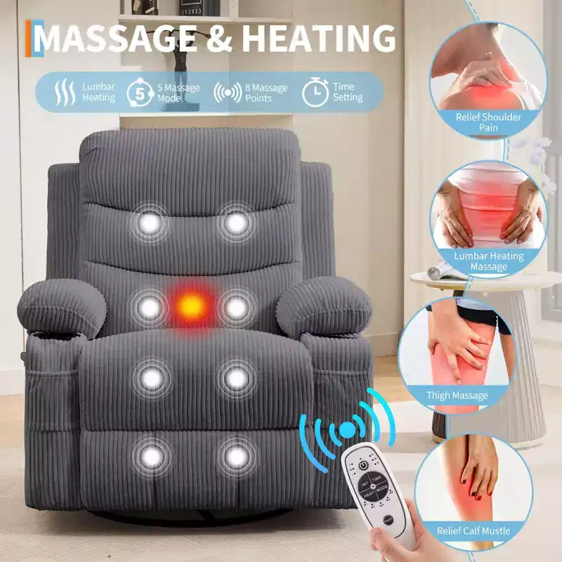 Poltrona reclinabile in pelle per camera da letto, poltrona reclinabile manuale oversize con dondolo, girevole a 360° con porta bicchieri