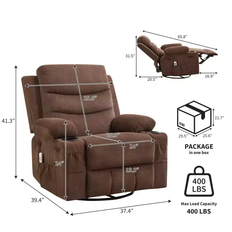 Poltrona reclinabile in pelle per camera da letto, poltrona reclinabile manuale oversize con dondolo, girevole a 360° con porta bicchieri