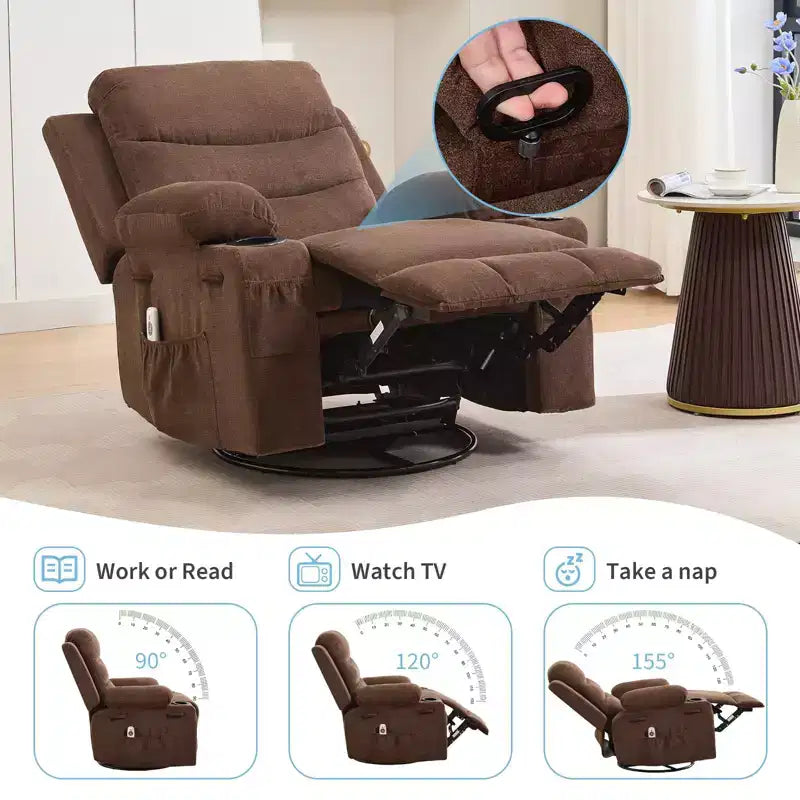 Poltrona reclinabile in pelle per camera da letto, poltrona reclinabile manuale oversize con dondolo, girevole a 360° con porta bicchieri