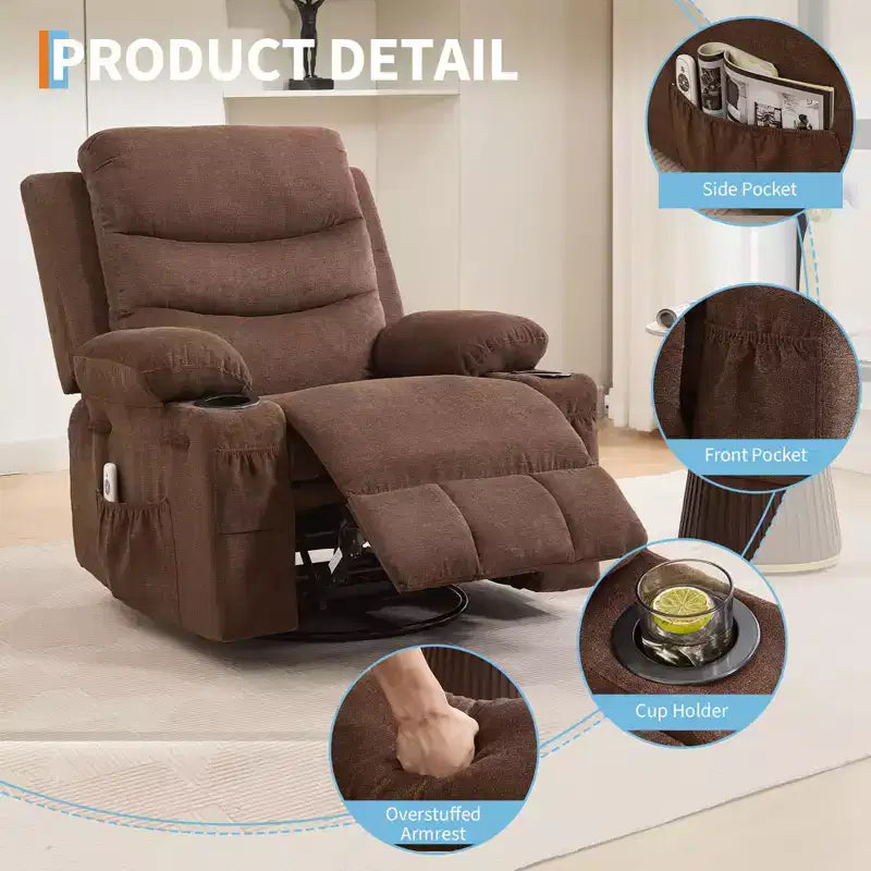 Poltrona reclinabile in pelle per camera da letto, poltrona reclinabile manuale oversize con dondolo, girevole a 360° con porta bicchieri