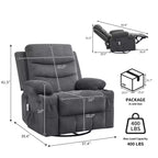 Poltrona reclinabile in pelle per camera da letto, poltrona reclinabile manuale oversize con dondolo, girevole a 360° con porta bicchieri