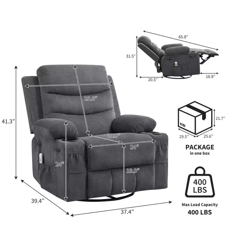 Poltrona reclinabile in pelle per camera da letto, poltrona reclinabile manuale oversize con dondolo, girevole a 360° con porta bicchieri