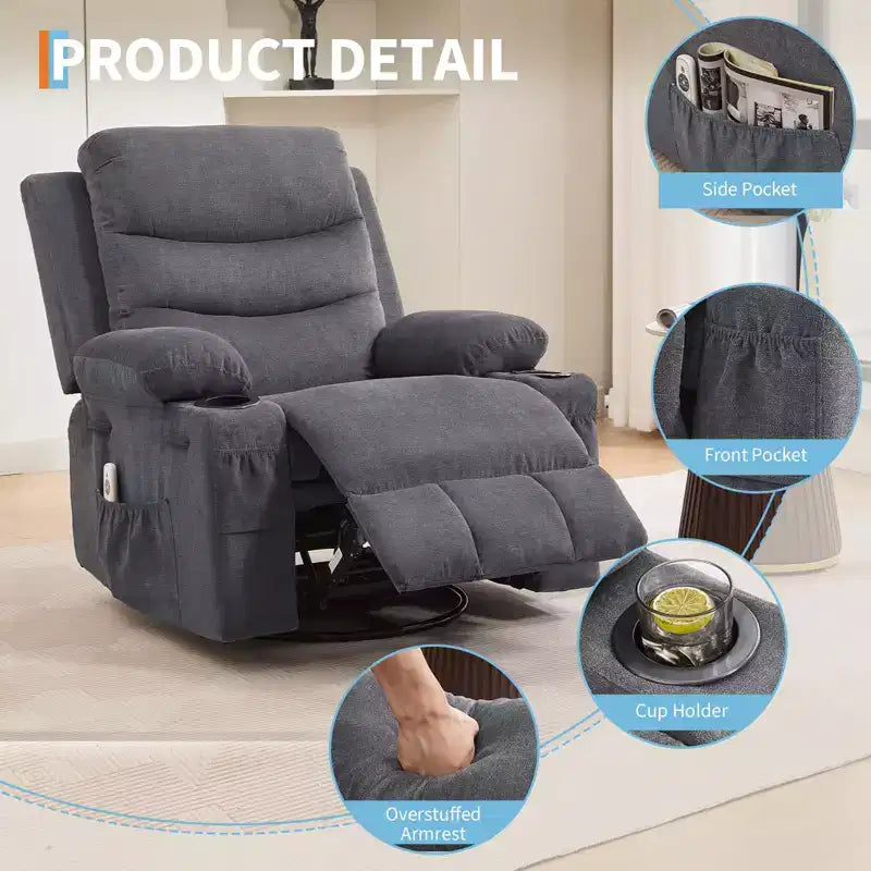 Poltrona reclinabile in pelle per camera da letto, poltrona reclinabile manuale oversize con dondolo, girevole a 360° con porta bicchieri