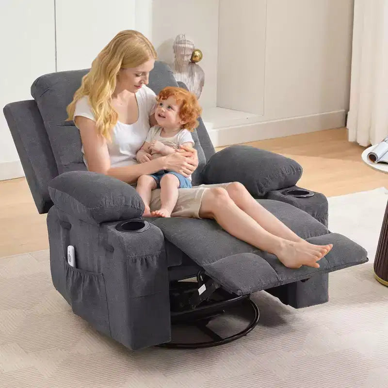 Poltrona reclinabile in pelle per camera da letto, poltrona reclinabile manuale oversize con dondolo, girevole a 360° con porta bicchieri