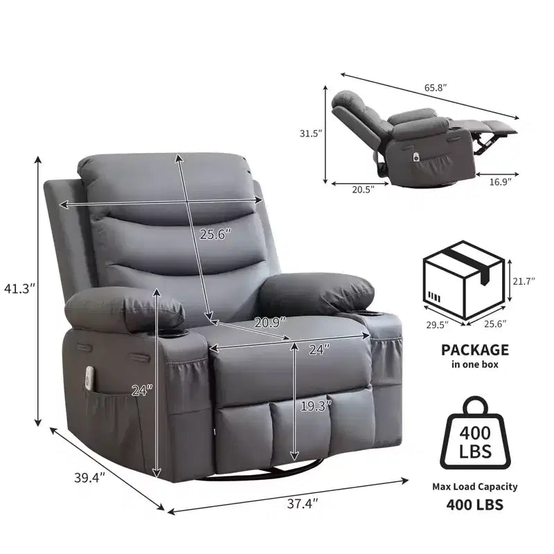 Poltrona reclinabile in pelle per camera da letto, poltrona reclinabile manuale oversize con dondolo, girevole a 360° con porta bicchieri