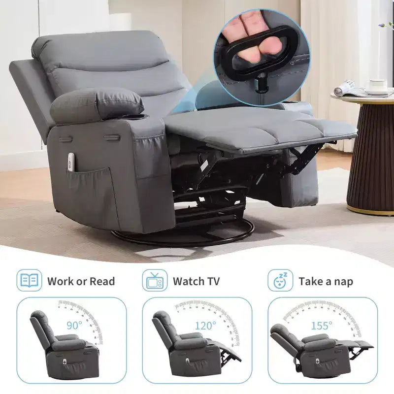 Poltrona reclinabile in pelle per camera da letto, poltrona reclinabile manuale oversize con dondolo, girevole a 360° con porta bicchieri