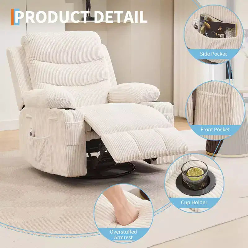 Poltrona reclinabile in pelle per camera da letto, poltrona reclinabile manuale oversize con dondolo, girevole a 360° con porta bicchieri
