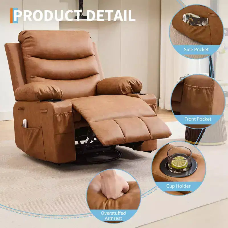 Poltrona reclinabile in pelle per camera da letto, poltrona reclinabile manuale oversize con dondolo, girevole a 360° con porta bicchieri