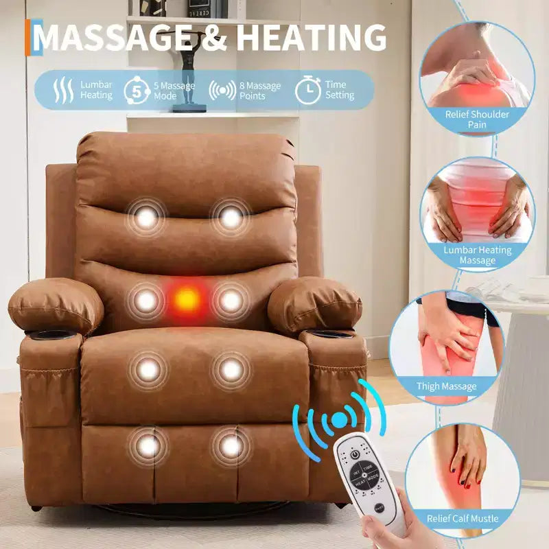 Poltrona reclinabile in pelle per camera da letto, poltrona reclinabile manuale oversize con dondolo, girevole a 360° con porta bicchieri