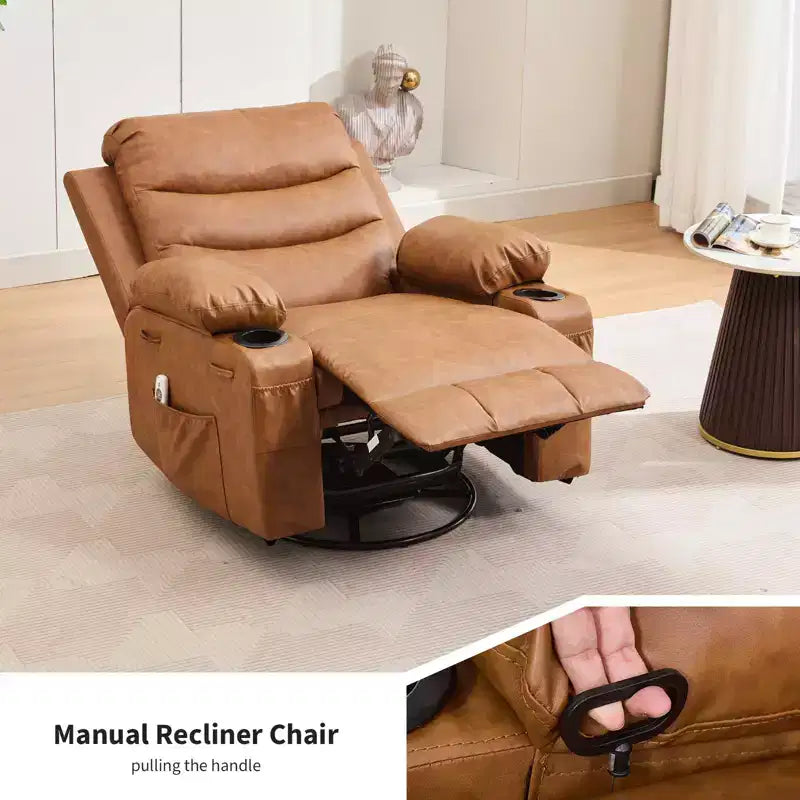 Poltrona reclinabile in pelle per camera da letto, poltrona reclinabile manuale oversize con dondolo, girevole a 360° con porta bicchieri