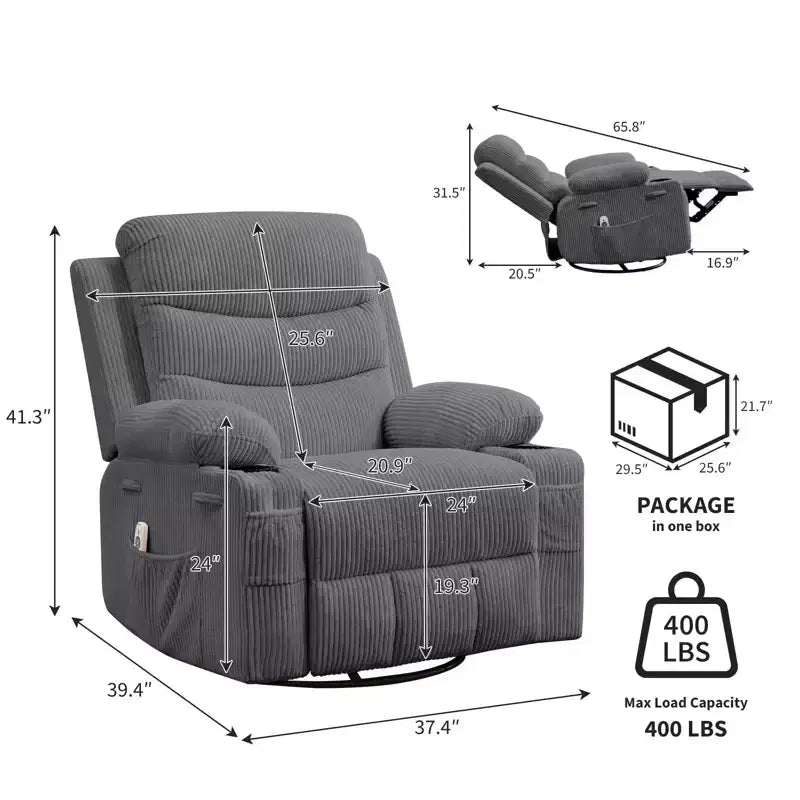 Poltrona reclinabile in pelle per camera da letto, poltrona reclinabile manuale oversize con dondolo, girevole a 360° con porta bicchieri