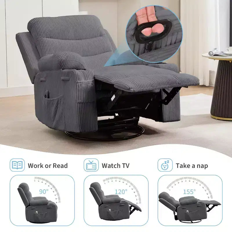 Poltrona reclinabile in pelle per camera da letto, poltrona reclinabile manuale oversize con dondolo, girevole a 360° con porta bicchieri