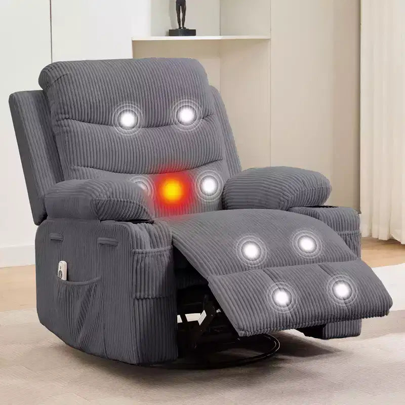 Poltrona reclinabile in pelle per camera da letto, poltrona reclinabile manuale oversize con dondolo, girevole a 360° con porta bicchieri