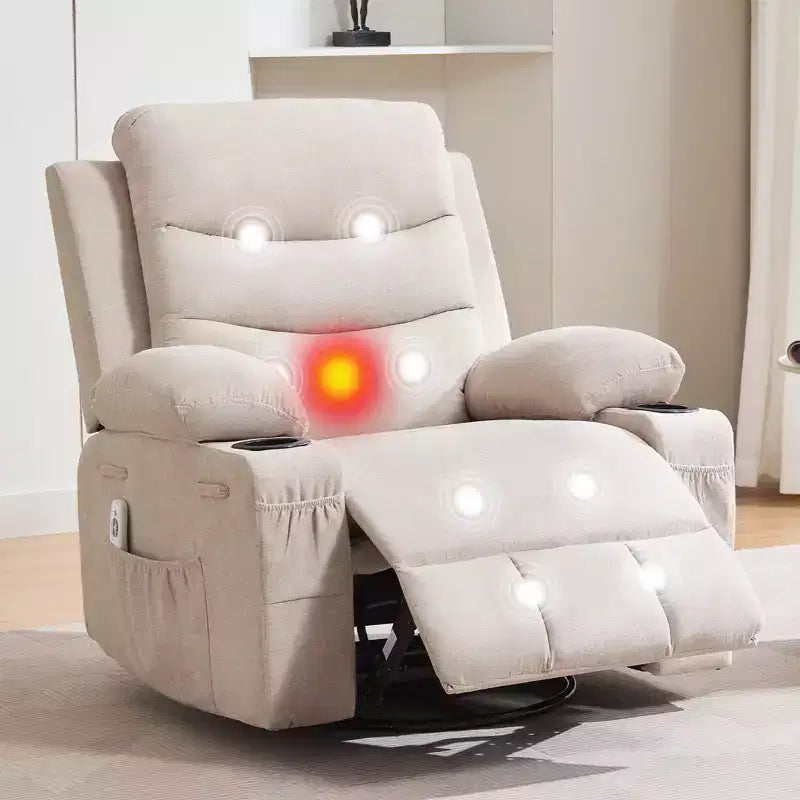 Poltrona reclinabile in pelle per camera da letto, poltrona reclinabile manuale oversize con dondolo, girevole a 360° con porta bicchieri